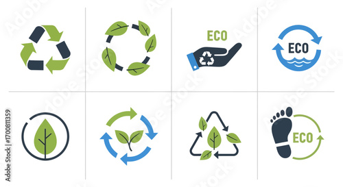 Set of vector eco-friendly icons, including recycle symbols, green leaves, and conservation logos for sustainable design