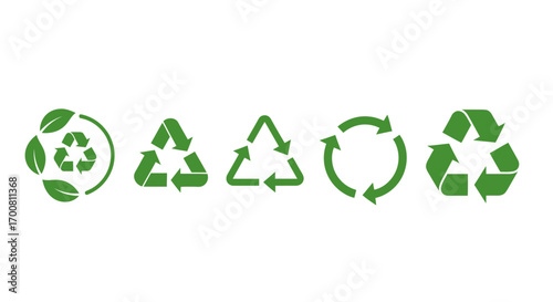 A collection of green recycling symbols and eco-friendly icons. A vector illustration set for environmental conservation and sustainability concepts