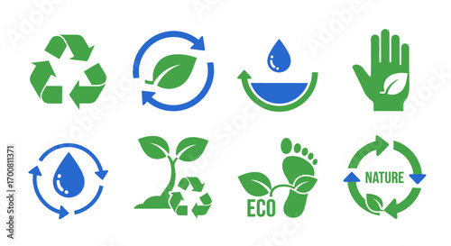 A collection of flat design ecology icons representing sustainability, recycling, and environmental conservation concepts for a greener lifestyle