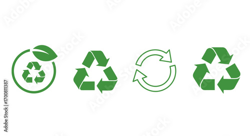 A versatile set of green eco-friendly vector icons for graphic design projects. Clean and simple recycling symbols, including Mobius loop and leaf pictograms for web and print