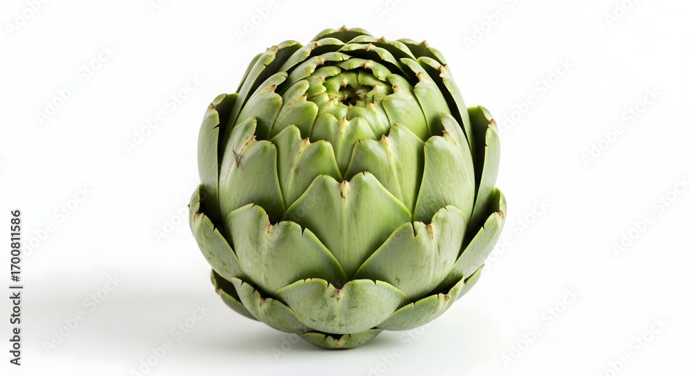 Fototapeta premium A fresh, vibrant green artichoke with tightly packed leaves and a pointed shape. Known for its mild flavor and unique texture, it is commonly used in Mediterranean cuisine and as a healthy appetizer.
