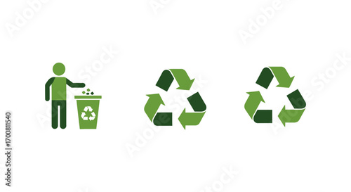 Set of green recycling symbols and a person throwing trash into a bin. Vector icons for environmental conservation and waste management concepts