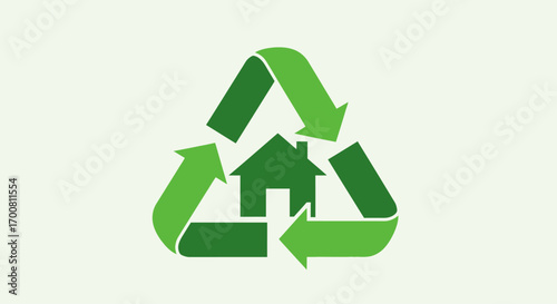 Sustainable home and eco-friendly living concept with a green recycling symbol encasing a house silhouette, representing environmental conservation and green building