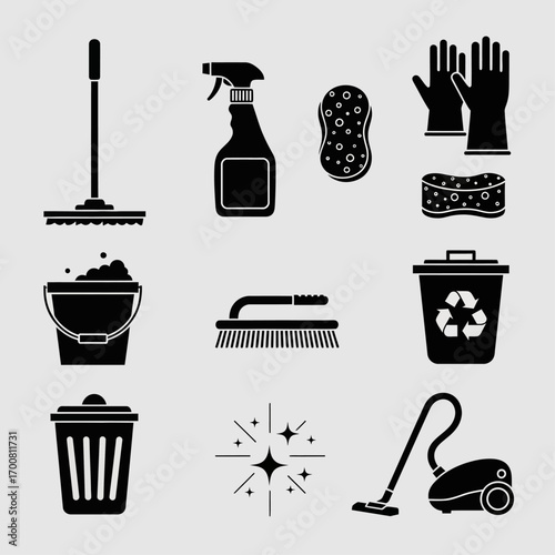 A comprehensive set of monochrome cleaning service icons including a mop, spray bottle, and vacuum cleaner for household chore concepts