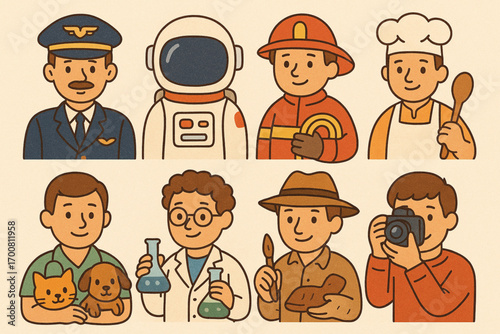 Child-friendly occupational icon set with pilot, astronaut, and more