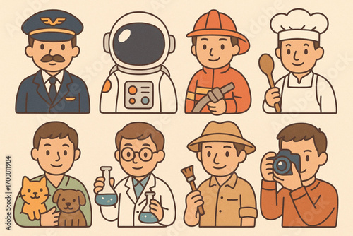 Child-friendly occupational icon set with pilot, astronaut, and more