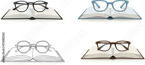 Eyeglasses and open books, reading concept illustration, study tools vector, various frames, knowledge symbol, educational design, flat cartoon art