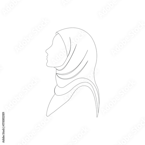 Continuous line drawing of a woman wearing a hijab isolated in the white background