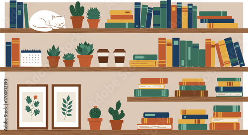 Cozy bookshelf with plants, cute sleeping cat, coffee cups, home library decor, minimal wall art, colorful books, relaxing reading corner