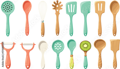 Kitchen utensil collection, cooking tools vector, colorful handles, wooden spoons, culinary equipment, flat design, food prep items, modern kitchen art