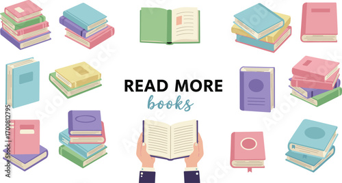 Motivational reading poster, colorful book illustration, read more message, pastel design, educational concept, open book, literary inspiration, vector art
