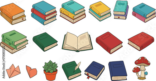 Stacked books, colorful book collection, flat style design, open book, closed books, reading icons, educational illustration, nature elements, creative layout