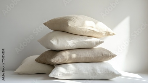 Soft linen pillows stacked in natural light