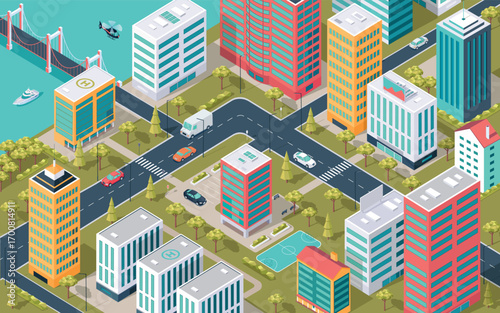 Big colorful cartoon isometric city illustration with modern infrastacture