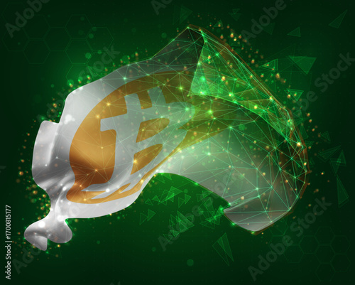 Bitcoin, vector 3d flag on green background