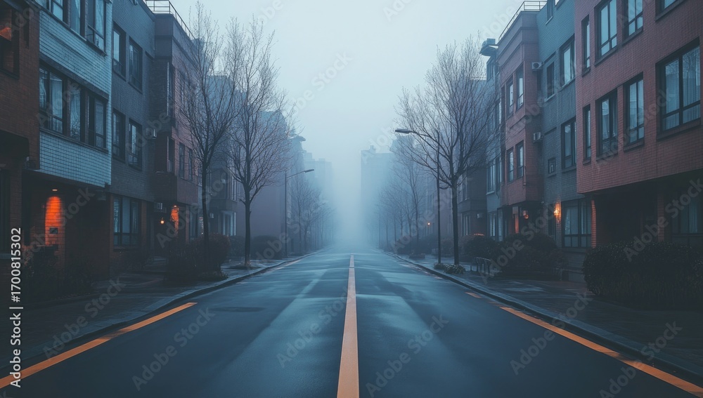 Obraz premium Misty morning street with vacant buildings