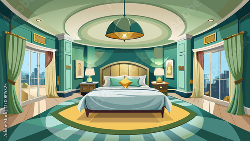 Dazzling panoramic 360 panorama of a luxury boutique hotel bedroom, featuring a sage green headboard, ivory bedding, brass sconces, and large windows, blending fresh modern aesthetics with cozy unders