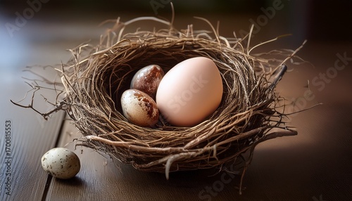 a zoomed in photo of a bird s nest containing an egg inside its shell placed on a table