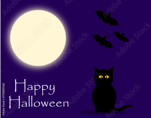 Halloween card with cute black cat, bat silhouettes and full moon on dark blue background
