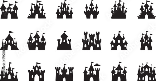 Vector art of collection of castle icons set of different castle types, including fairytale, medieval, and fantasy castles for design