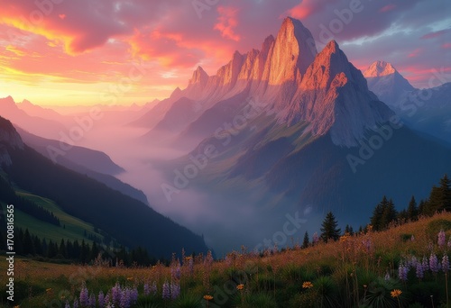 Stunning Majestic Mountains Under Dramatic Sunset Sky Capturing Nature's Beauty and Vibrant Color Palette in a Scenic Landscape