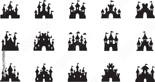 Vector art of collection of fairytale castle silhouettes set of fantasy kingdom icons medieval palace with towers, flags, and turrets vector illustration