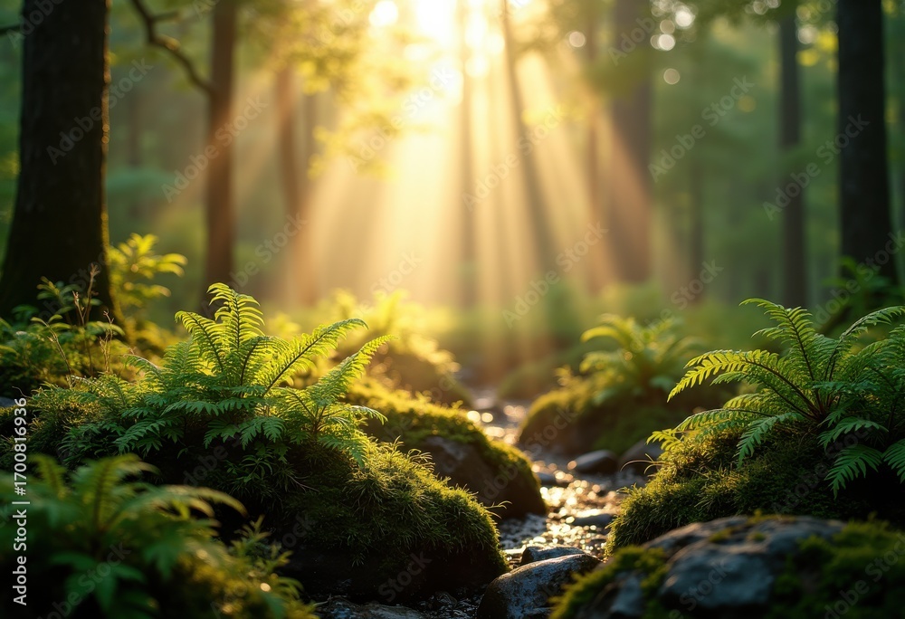 Obraz premium Sunlight Filtering Through Dense Forest Canopies Creating Ethereal Patterns of Light and Shadow in Tranquil Woods