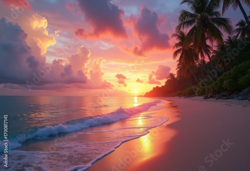 Tranquil Beach Sunset Dramatic Skies Serene Waves Calm Water Colors Reflection Paradise Escape