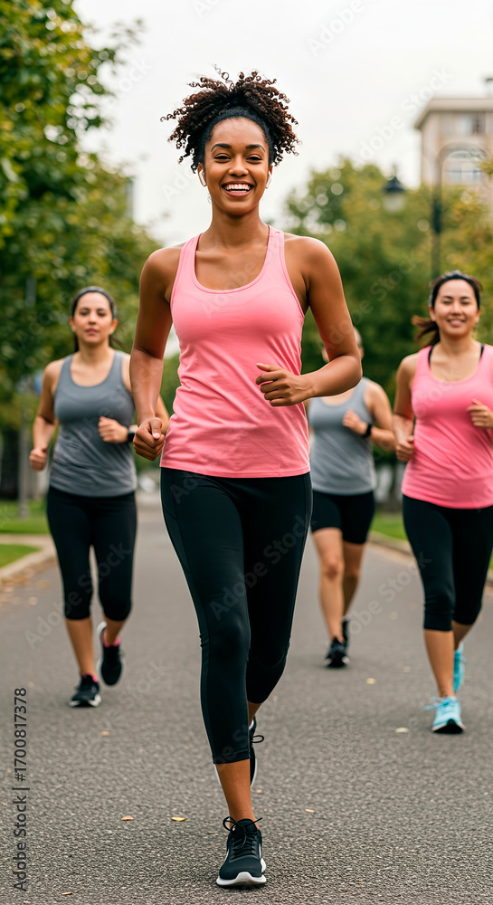 Fototapeta premium Group of young women running in park, outdoor fitness and healthy lifestyle, vertical, copy space