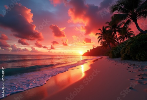 Tranquil Beach Sunset Dramatic Sky Serenity Reflection Seaside Paradise