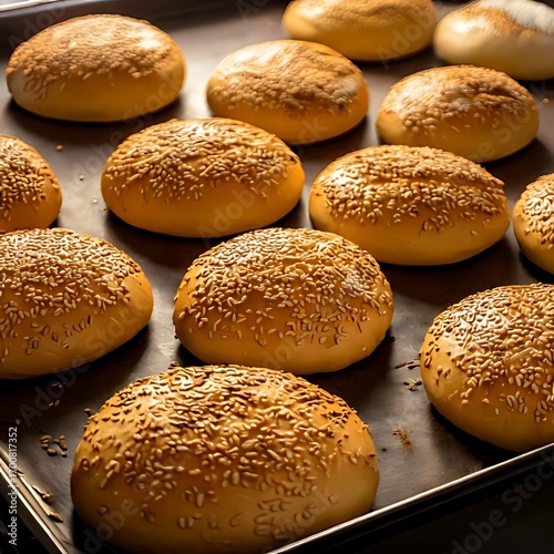 Freshly baked sesame seed buns on a baking sheet
