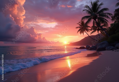 Tranquil Beach Sunset with Dramatic Skies and Colorful Reflections on the Water's Surface