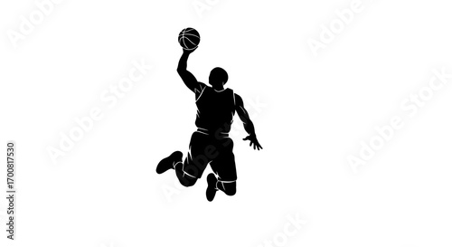 Basketball player dunking silhouette isolated on white background