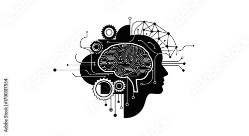 Artificial intelligence human head silhouette with circuit board brain and gears isolated on white background