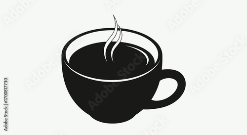 Black silhouette of a steaming coffee cup isolated on white background