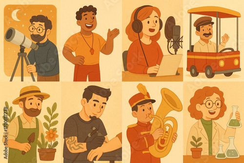 Child-friendly occupational icon set: astronomer, gymnast, voice actress, and more