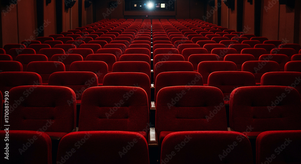 Fototapeta premium Empty red velvet theater seats receding into depth