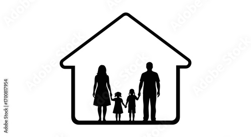 Family inside a house silhouette isolated on white background