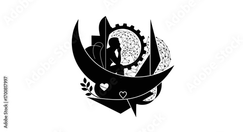 Silhouette of a person thinking within a crescent moon and gear design silhouette isolated on white background