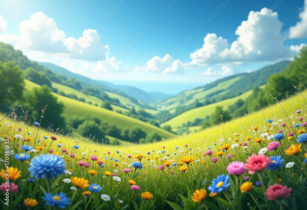 Obraz premium Vibrant Wildflower Bloom in Lush Green Valleys Nature Landscape Spring Colorful Serenity