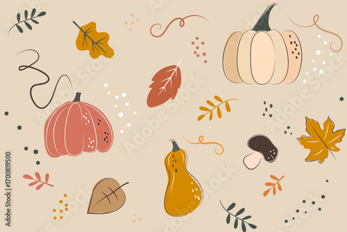 Thanksgiving background with colorful pumpkins, mushrooms, autumn leaves in autumn light orange beige tones. Seamless pattern suitable for holiday textiles, paper, cards, design