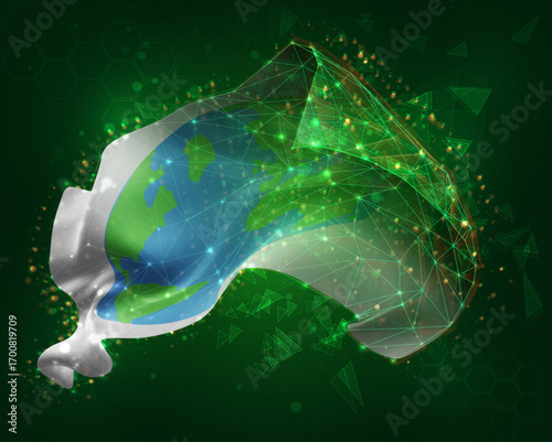 World map, vector 3d flag on green background