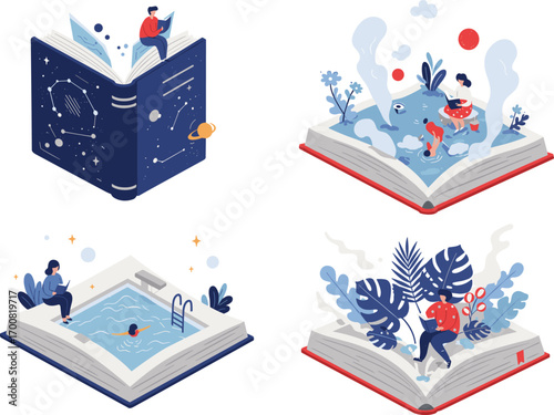 Creative illustration of open books transforming into imaginative worlds, fantasy landscapes, swimming pool, outer space, reading adventure, nature, exploration, learning
