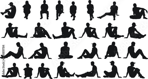 Silhouettes of young men sitting, casual posture, relaxed, streetwear, hats, vector illustration, isolated black figures, various seated poses, resting, leisure time, urban style
