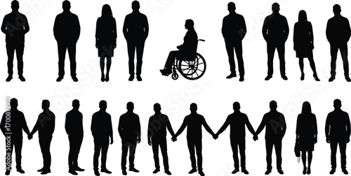 Silhouettes of diverse people standing, holding hands, man in wheelchair, group unity, friendship, teamwork, business casual, diversity, black vector figures illustration
