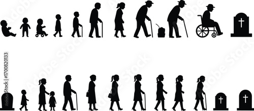 Human life cycle silhouette, stages of growth from baby to elderly, aging process, wheelchair user, graveyard tombstones, vector illustration concept