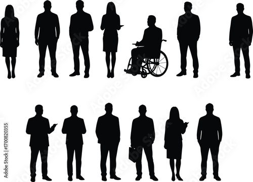 Business people silhouettes standing and interacting, including wheelchair user, diverse professionals, corporate group, teamwork concept, office staff vector illustration