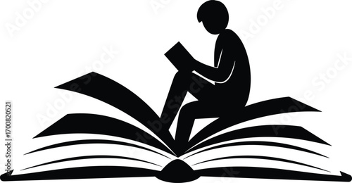 Silhouette of person reading book, sitting on open book, black and white illustration, education concept, knowledge, learning, literature, study