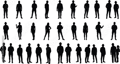 Silhouettes of standing people in various poses, casual male and female figures, group shadow vector illustration, isolated urban lifestyle characters, clipart set