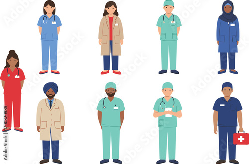 Medical professionals vector set, diverse healthcare workers illustration, doctors and nurses clipart, hospital staff in uniform, flat cartoon character design